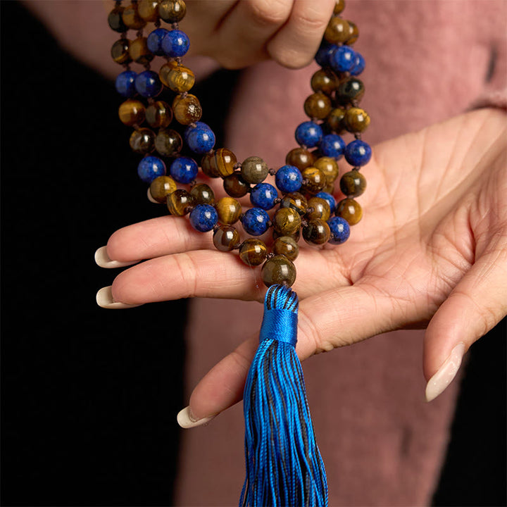 Buddha Stones 108 Perle Pietra Naturale Occhio di Tigre Lazurite Mala Nappa Braccialetto di Protezione