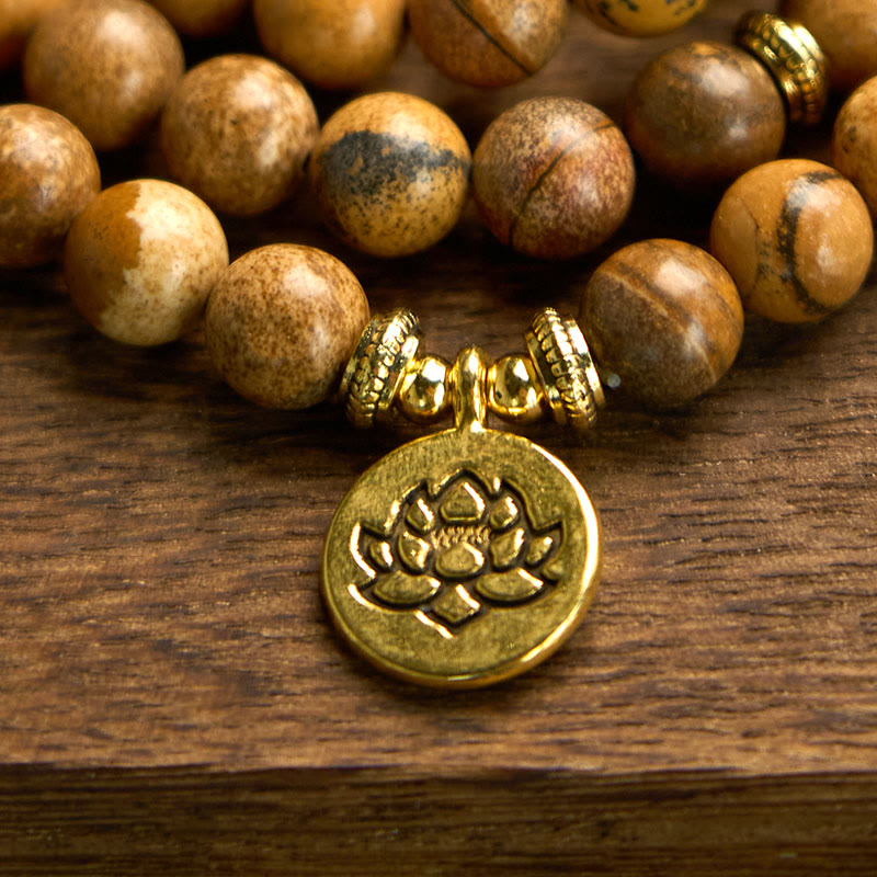 Buddha Stones 108 Perle Picture Jasper Mala Lotus Bracciale Coraggio