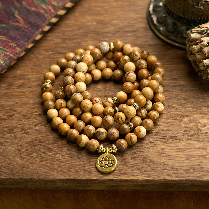 Buddha Stones 108 Perle Picture Jasper Mala Lotus Bracciale Coraggio