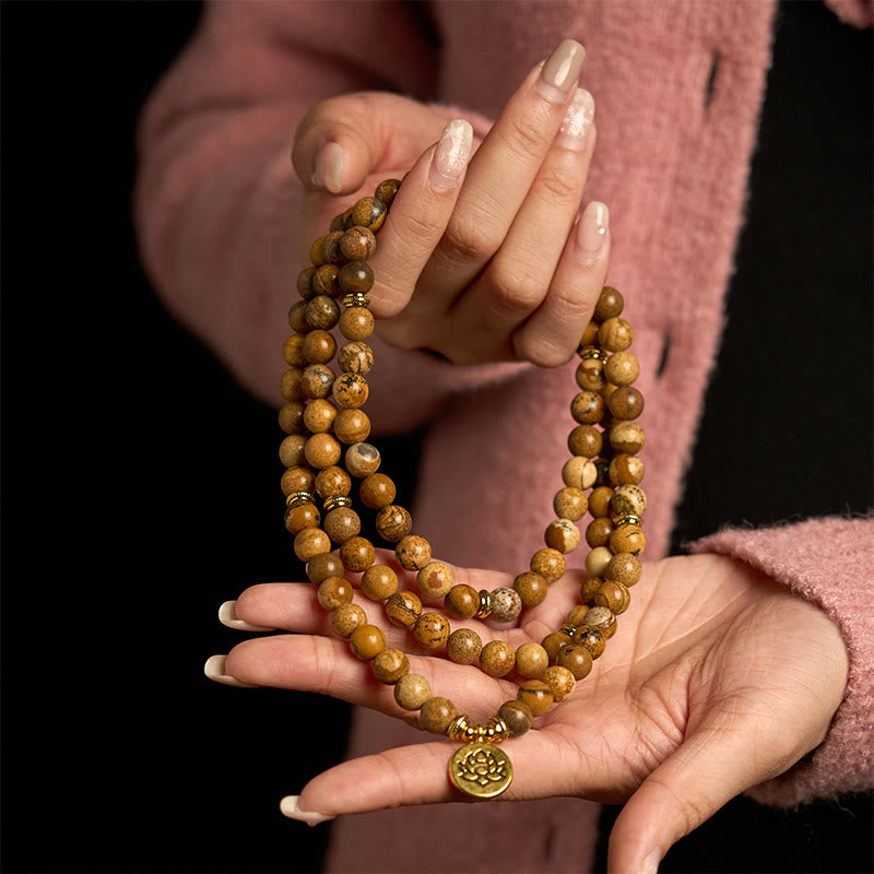 Buddha Stones 108 Perle Picture Jasper Mala Lotus Bracciale Coraggio