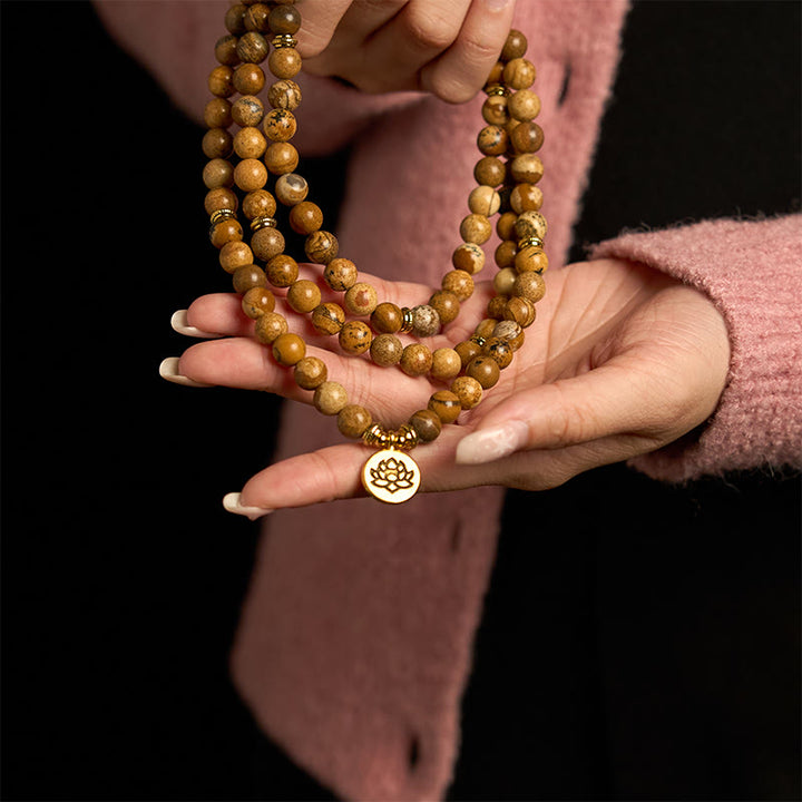 Buddha Stones 108 Perle Picture Jasper Mala Lotus Bracciale Coraggio