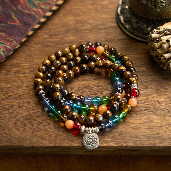 Buddha Stones 108 Mala Beads Pietra naturale Occhio di tigre Perle colorate Braccialetto di protezione del loto