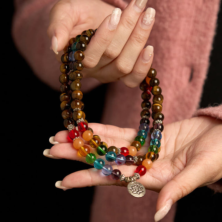 Buddha Stones 108 Mala Beads Pietra naturale Occhio di tigre Perle colorate Braccialetto di protezione del loto