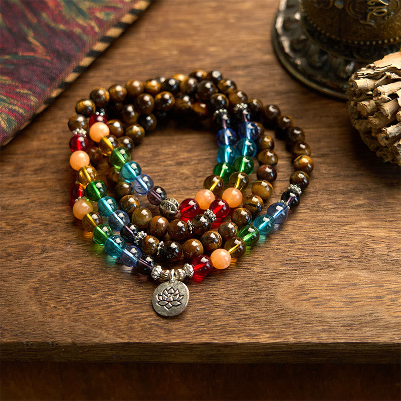 Buddha Stones 108 Mala Beads Pietra naturale Occhio di tigre Perle colorate Braccialetto di protezione del loto