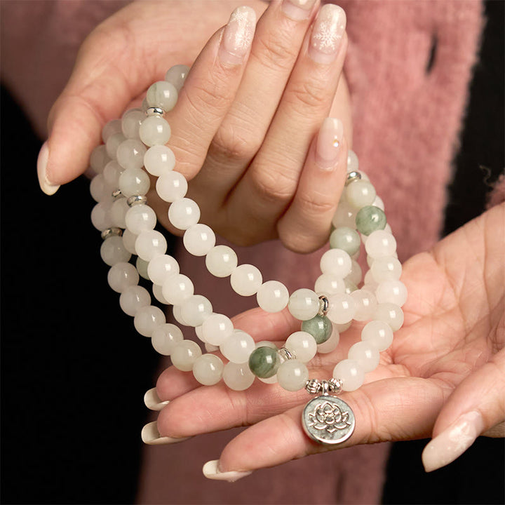 Buddha Stones 108 Mala Beads Braccialetto di giada naturale Tianshan Lotus Luck