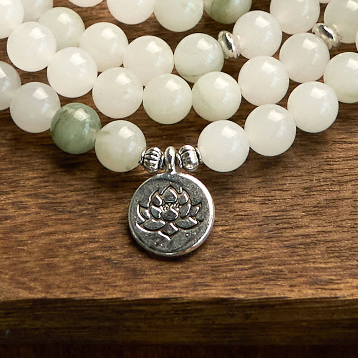 Buddha Stones 108 Mala Beads Braccialetto di giada naturale Tianshan Lotus Luck