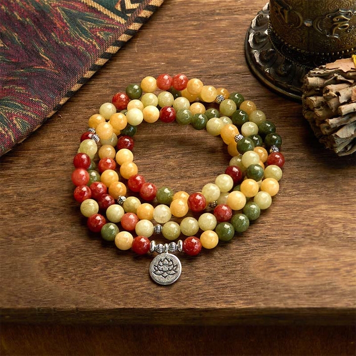 Buddha Stones 108 Mala Beads Pietra colorata naturale Topazio Diaspro rosso Diaspro verde Braccialetto di protezione del loto