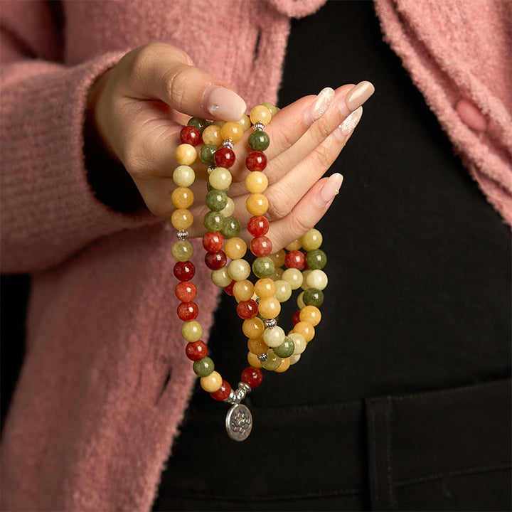 Buddha Stones 108 Mala Beads Pietra colorata naturale Topazio Diaspro rosso Diaspro verde Braccialetto di protezione del loto - image 3