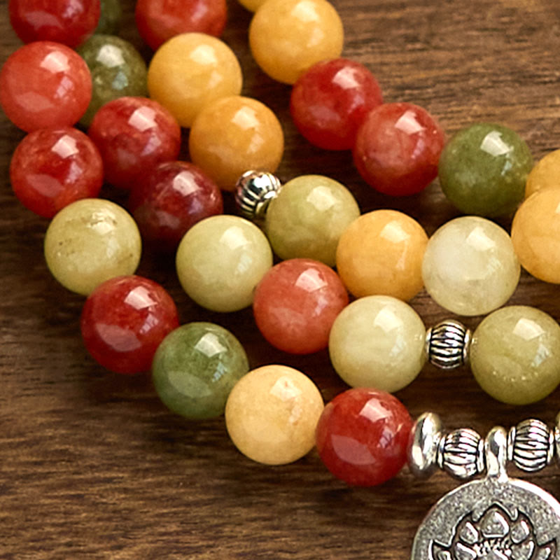 Buddha Stones 108 Mala Beads Pietra colorata naturale Topazio Diaspro rosso Diaspro verde Braccialetto di protezione del loto