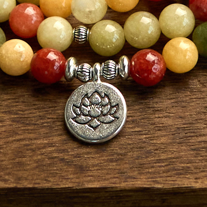 Buddha Stones 108 Mala Beads Pietra colorata naturale Topazio Diaspro rosso Diaspro verde Braccialetto di protezione del loto - image 6