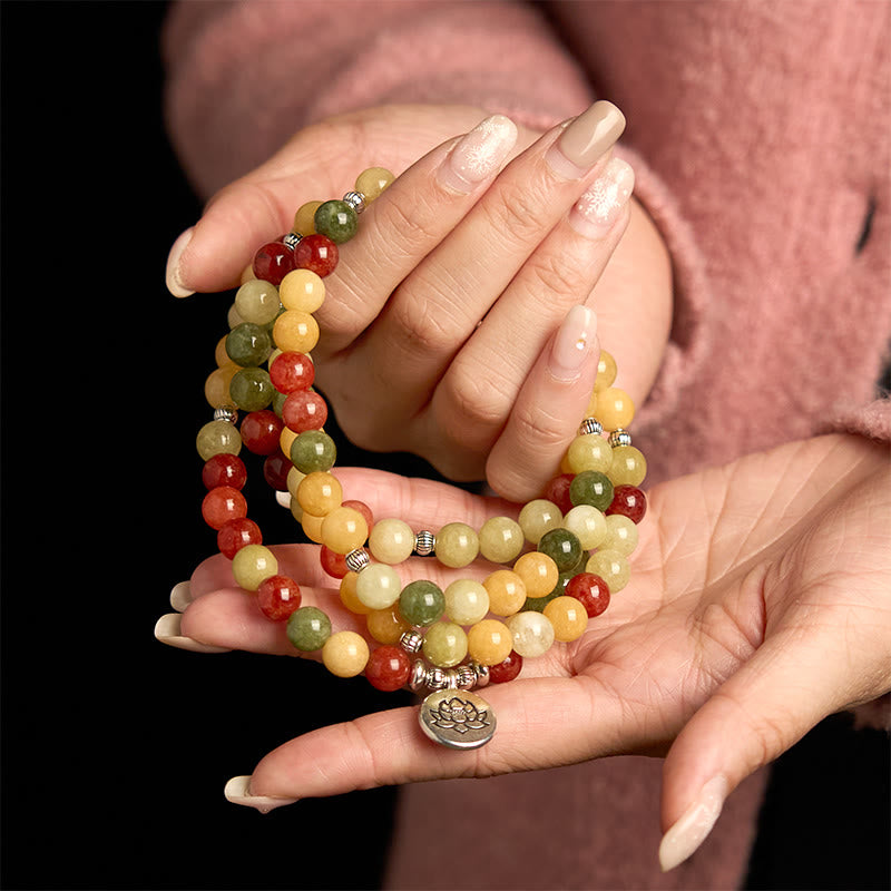 Buddha Stones 108 Mala Beads Pietra colorata naturale Topazio Diaspro rosso Diaspro verde Braccialetto di protezione del loto