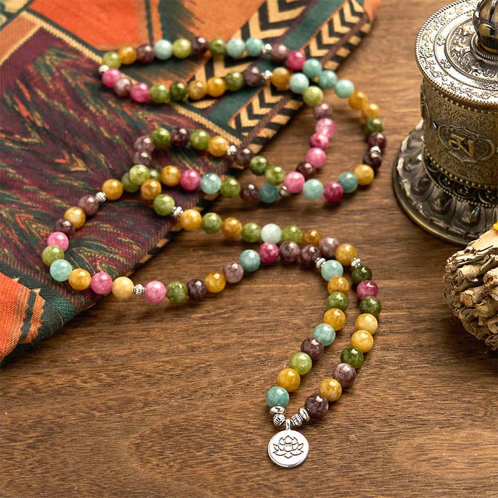 Braccialetto della saggezza del loto con 108 perline mala multistrato in tormalina naturale Buddha Stones