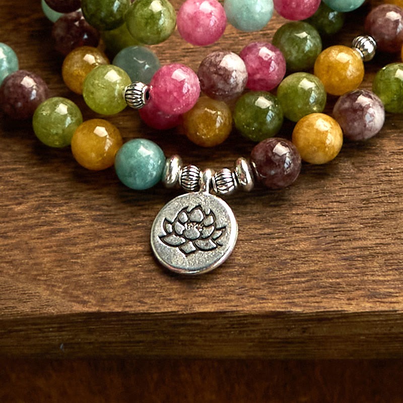 Braccialetto della saggezza del loto con 108 perline mala multistrato in tormalina naturale Buddha Stones