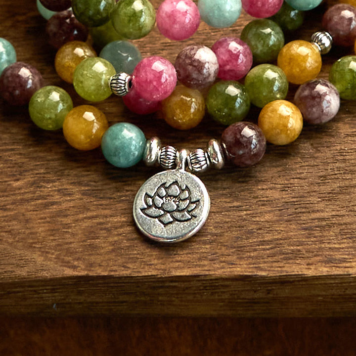 Braccialetto della saggezza del loto con 108 perline mala multistrato in tormalina naturale Buddha Stones