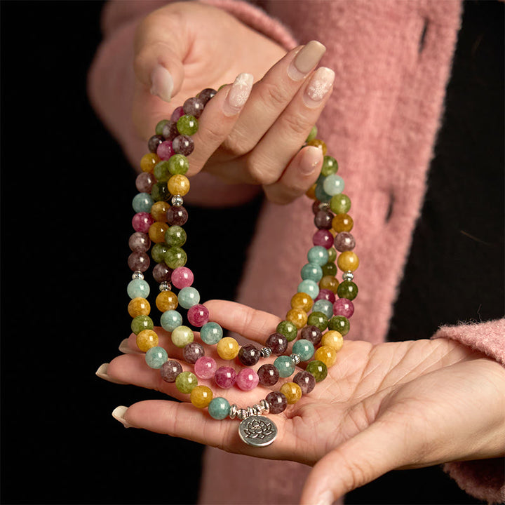 Braccialetto della saggezza del loto con 108 perline mala multistrato in tormalina naturale Buddha Stones