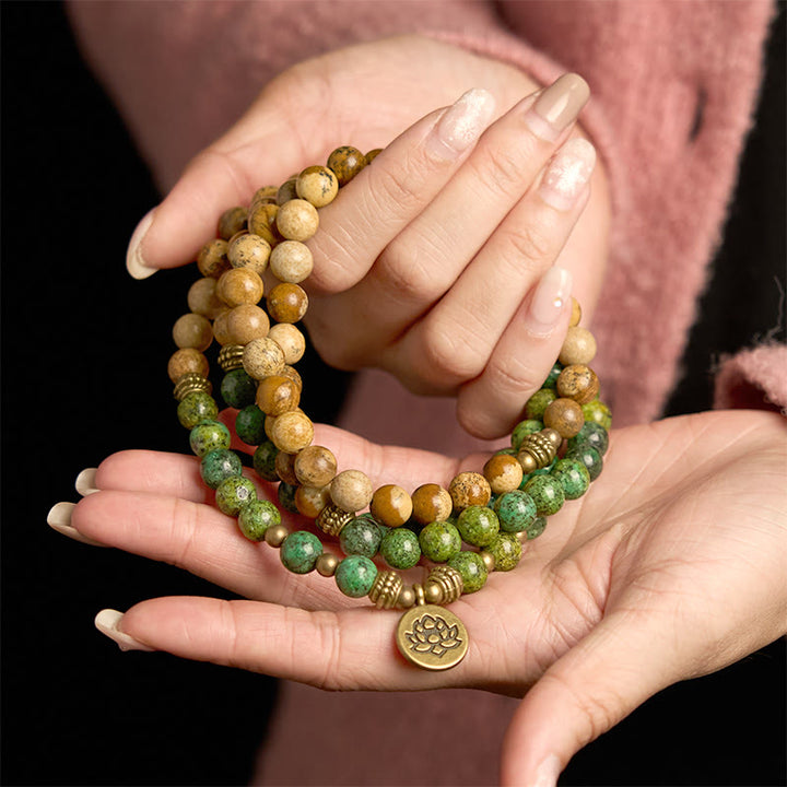 Buddha Stones 108 Mala Beads Pietra Naturale Jasper Turchese Lotus Braccialetto Positivo