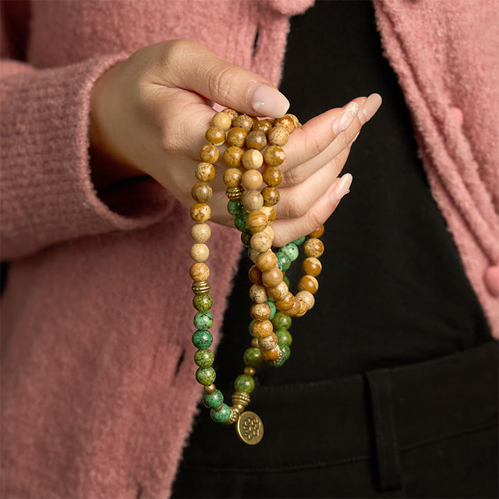 Buddha Stones 108 Mala Beads Pietra Naturale Jasper Turchese Lotus Braccialetto Positivo