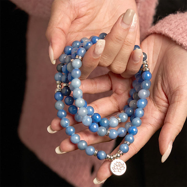 Buddha Stones 108 Mala Beads Multistrato Naturale Blu Aventurina Lotus Bracciale Calma