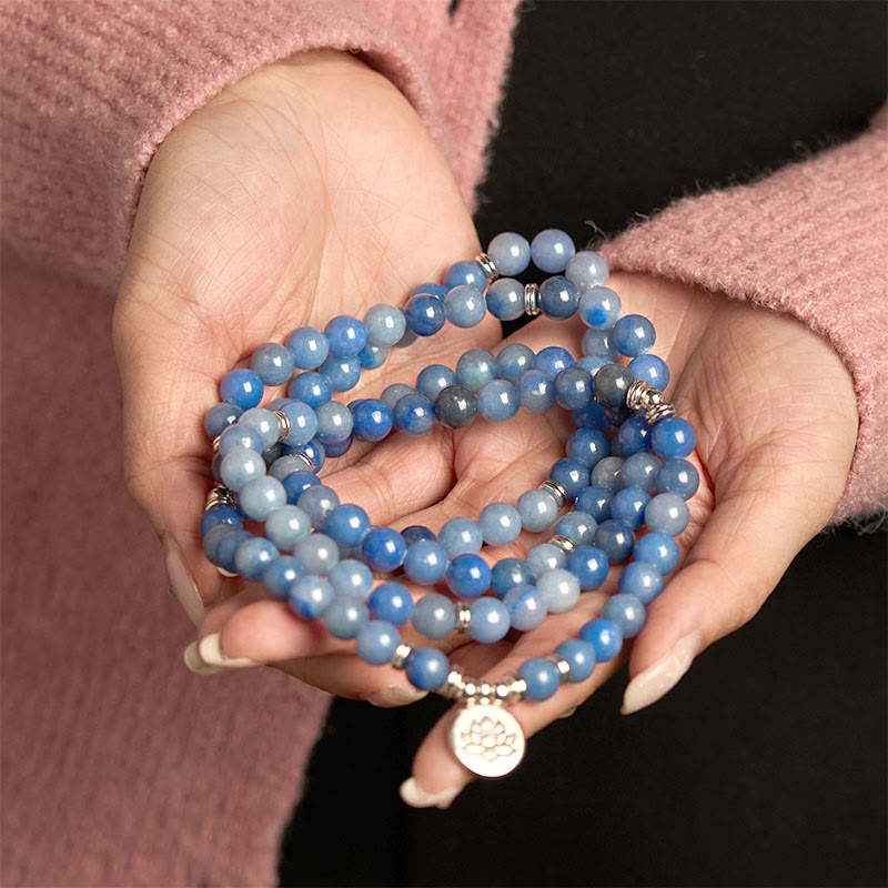 Buddha Stones 108 Mala Beads Multistrato Naturale Blu Aventurina Lotus Bracciale Calma