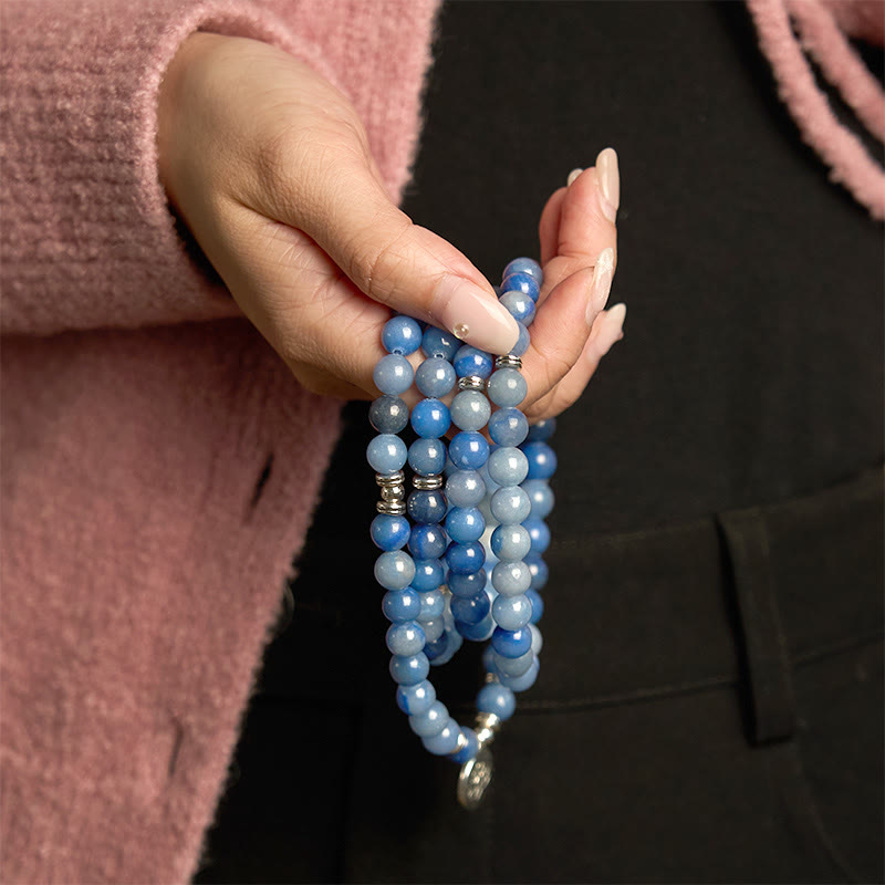 Buddha Stones 108 Mala Beads Multistrato Naturale Blu Aventurina Lotus Bracciale Calma