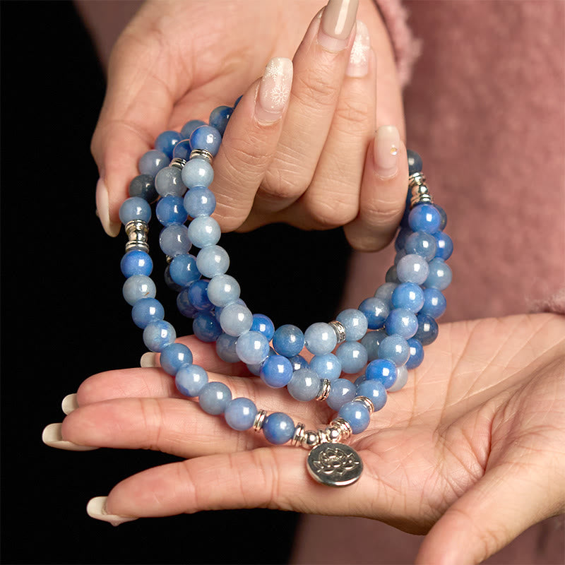 Buddha Stones 108 Mala Beads Multistrato Naturale Blu Aventurina Lotus Bracciale Calma