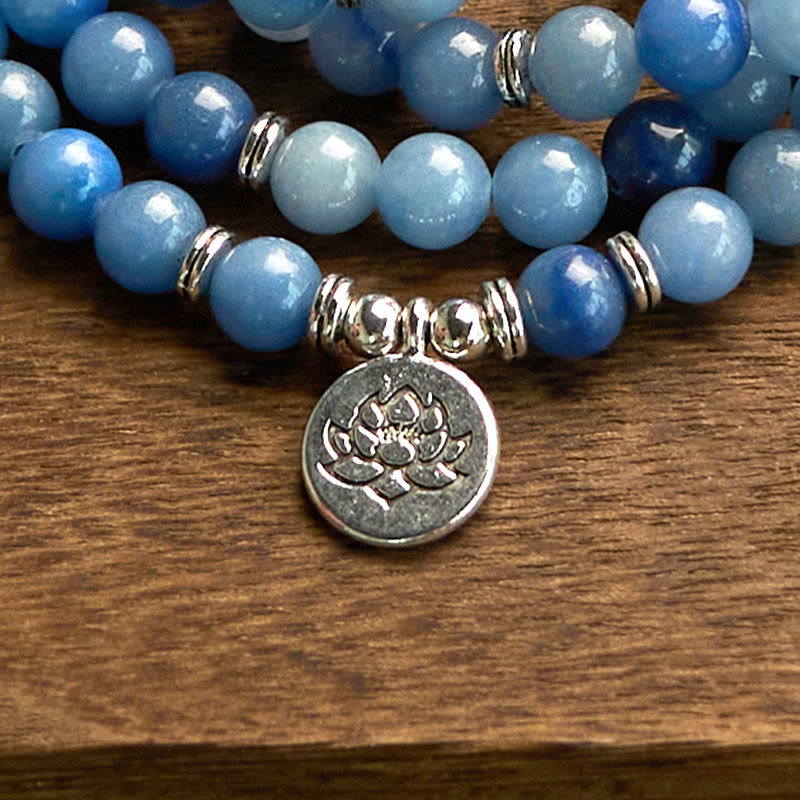 Buddha Stones 108 Mala Beads Multistrato Naturale Blu Aventurina Lotus Bracciale Calma