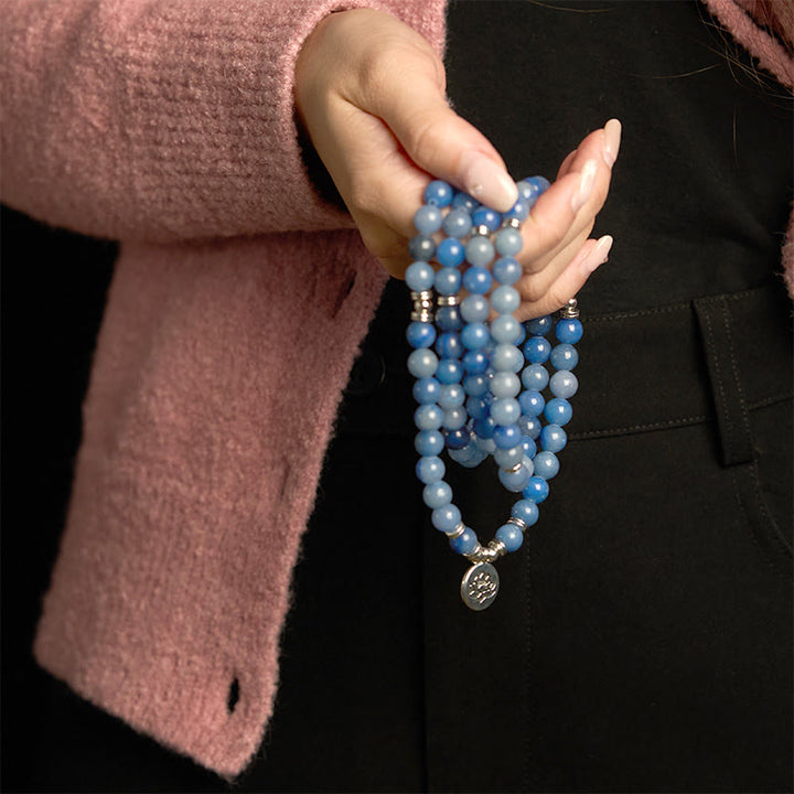 Buddha Stones 108 Mala Beads Multistrato Naturale Blu Aventurina Lotus Bracciale Calma