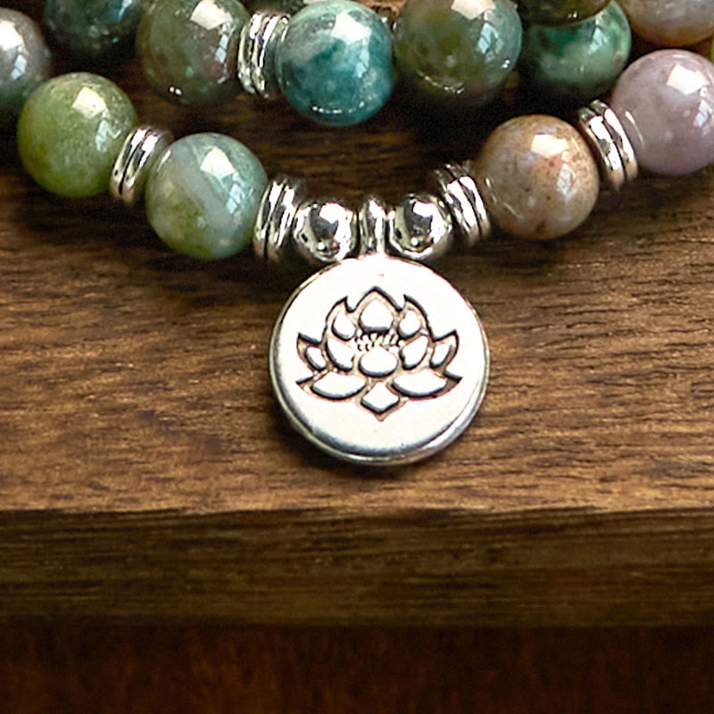 Buddha Stones 108 Mala Beads Pietra naturale Agata indiana Braccialetto di loto calmo