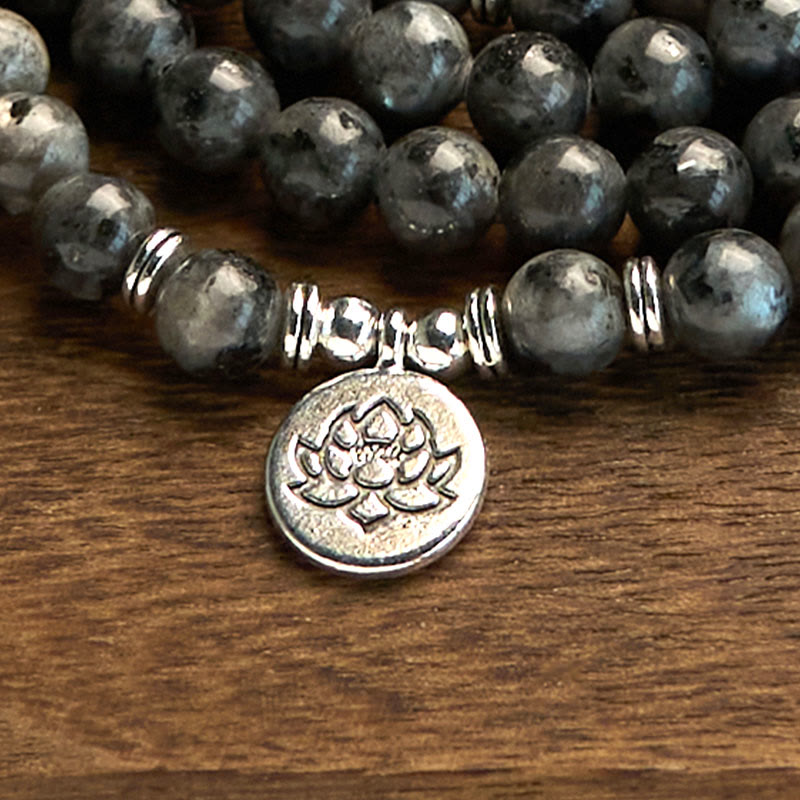 Buddha Stones 108 Mala Beads Multistrato Naturale Nero Glitter Pietra Braccialetto Positività Loto