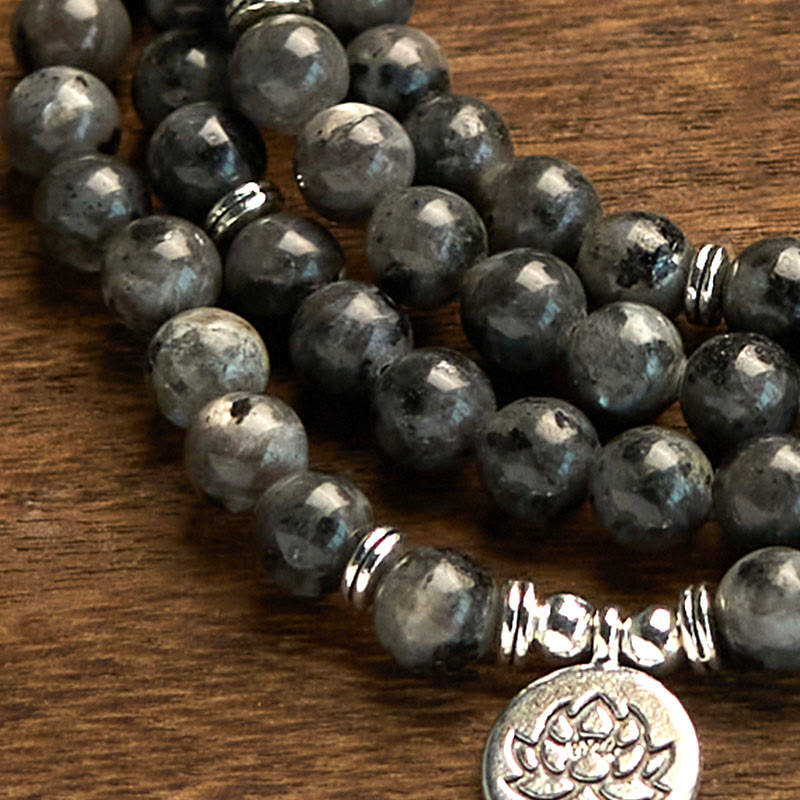 Buddha Stones 108 Mala Beads Multistrato Naturale Nero Glitter Pietra Braccialetto Positività Loto