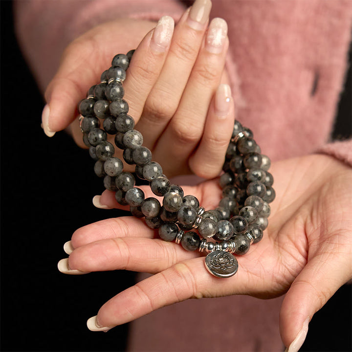 Buddha Stones 108 Mala Beads Multistrato Naturale Nero Glitter Pietra Braccialetto Positività Loto