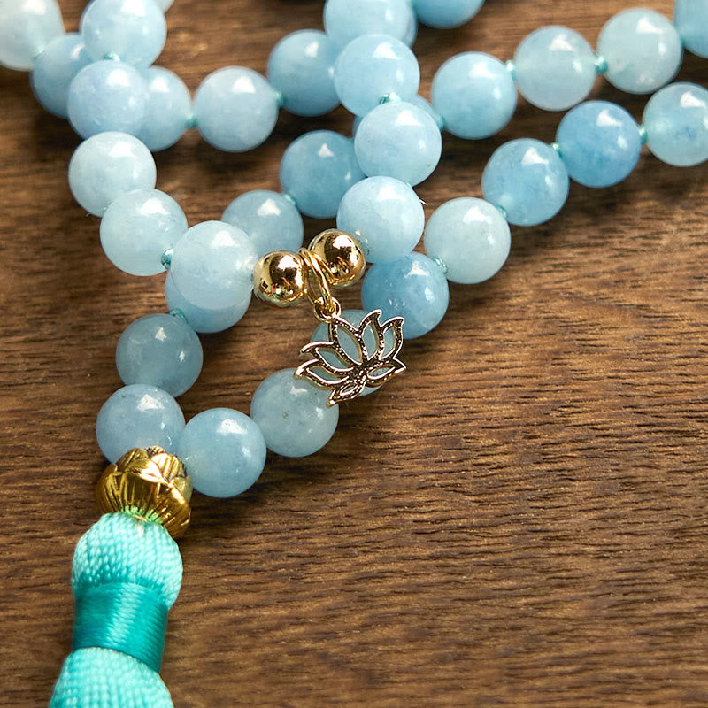 Buddha Stones 108 Mala Beads Pietra naturale Acquamarina Nappa Loto Bracciale curativo