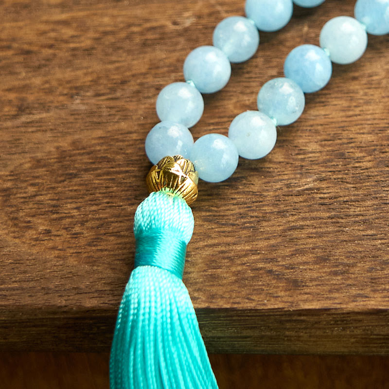 Buddha Stones 108 Mala Beads Pietra naturale Acquamarina Nappa Loto Bracciale curativo
