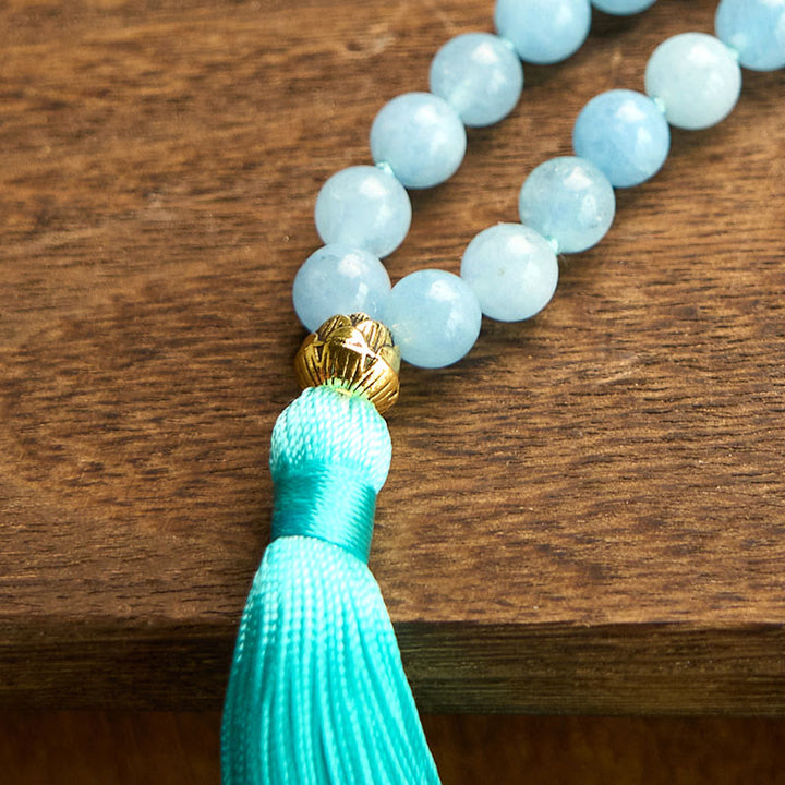 Buddha Stones 108 Mala Beads Pietra naturale Acquamarina Nappa Loto Bracciale curativo