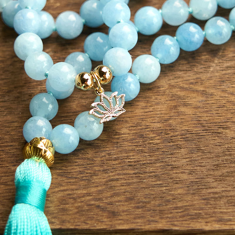 Buddha Stones 108 Mala Beads Pietra naturale Acquamarina Nappa Loto Bracciale curativo