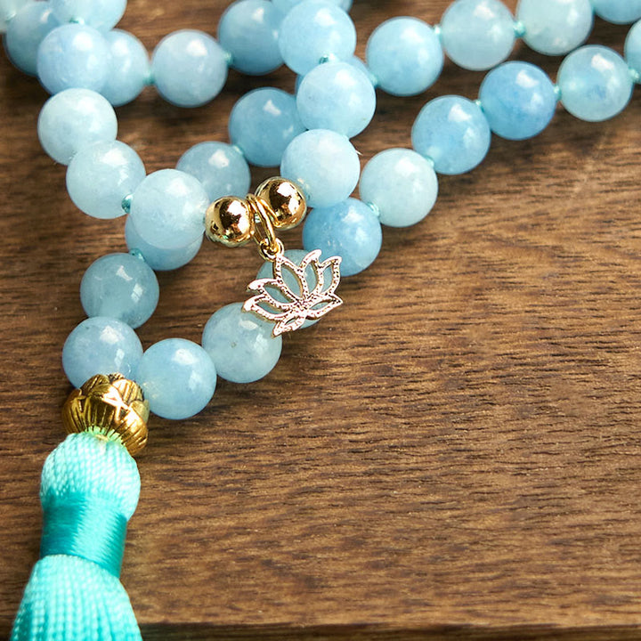 Buddha Stones 108 Mala Beads Pietra naturale Acquamarina Nappa Loto Bracciale curativo