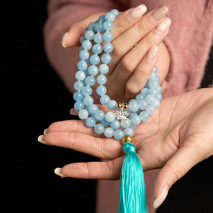 Buddha Stones 108 Mala Beads Pietra naturale Acquamarina Nappa Loto Bracciale curativo
