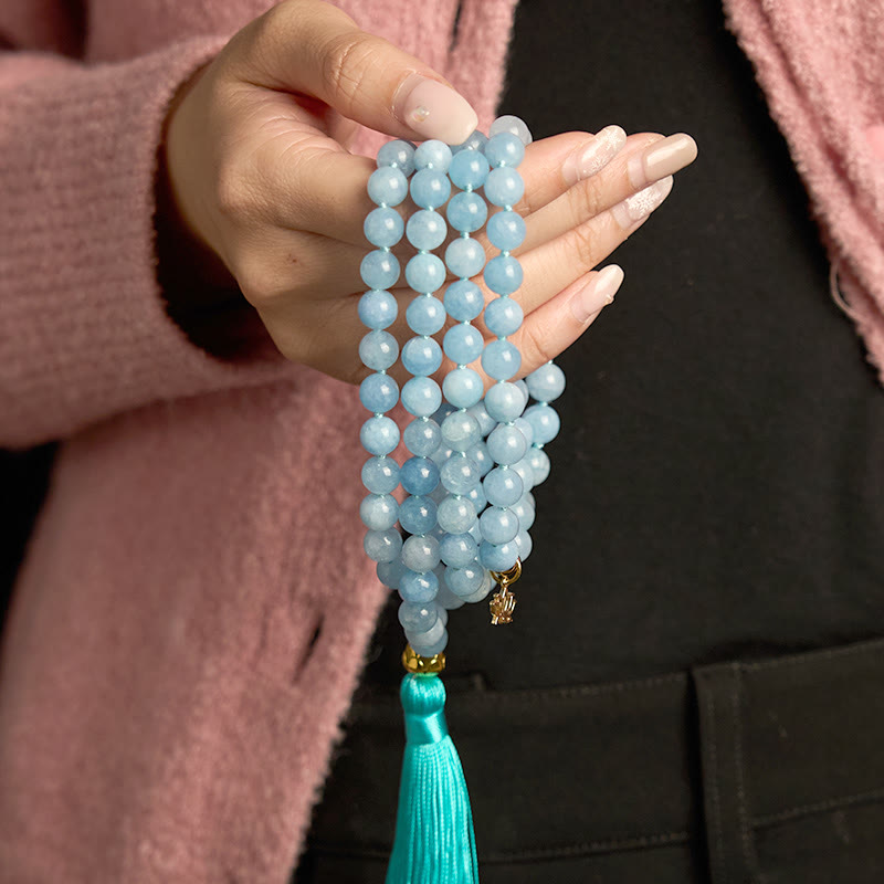 Buddha Stones 108 Mala Beads Pietra naturale Acquamarina Nappa Loto Bracciale curativo