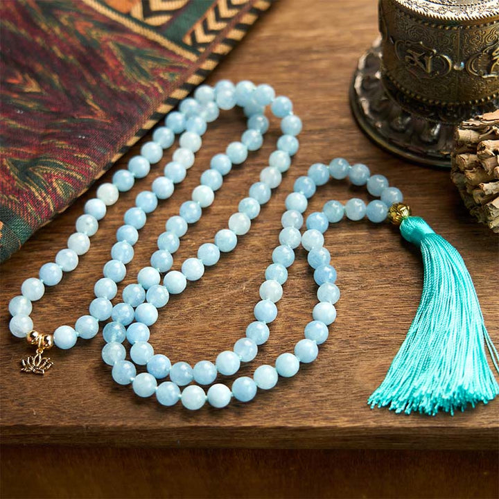 Buddha Stones 108 Mala Beads Pietra naturale Acquamarina Nappa Loto Bracciale curativo