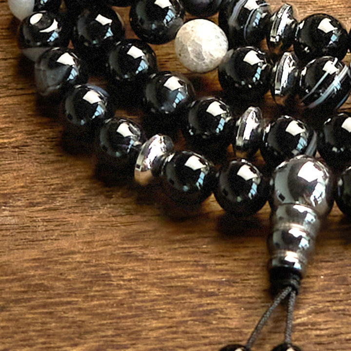 Buddha Stones 108 Mala Beads Pietra Naturale Braccialetto di Protezione in Onice Nero
