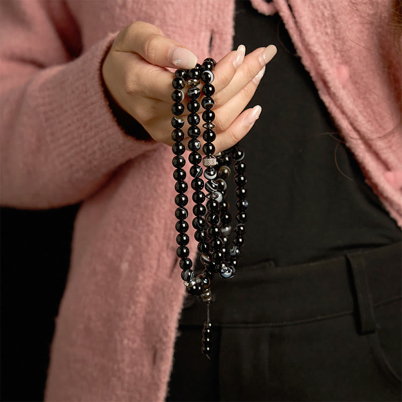 Buddha Stones 108 Mala Beads Pietra Naturale Braccialetto di Protezione in Onice Nero