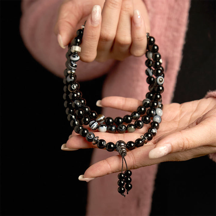 Buddha Stones 108 Mala Beads Pietra Naturale Braccialetto di Protezione in Onice Nero