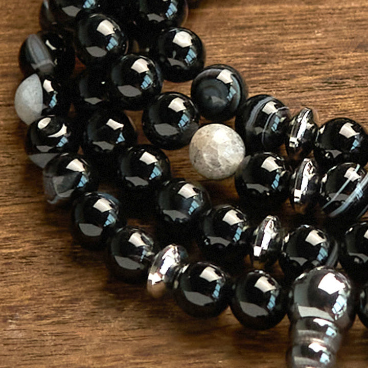 Buddha Stones 108 Mala Beads Pietra Naturale Braccialetto di Protezione in Onice Nero