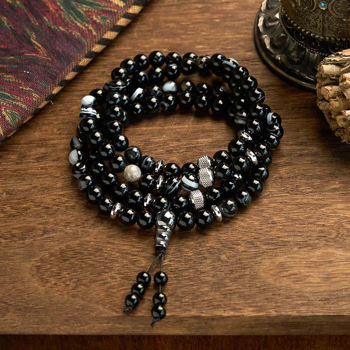 Buddha Stones 108 Mala Beads Pietra Naturale Braccialetto di Protezione in Onice Nero