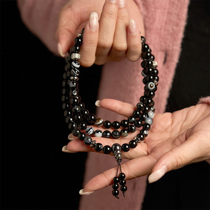Buddha Stones 108 Mala Beads Pietra Naturale Braccialetto di Protezione in Onice Nero