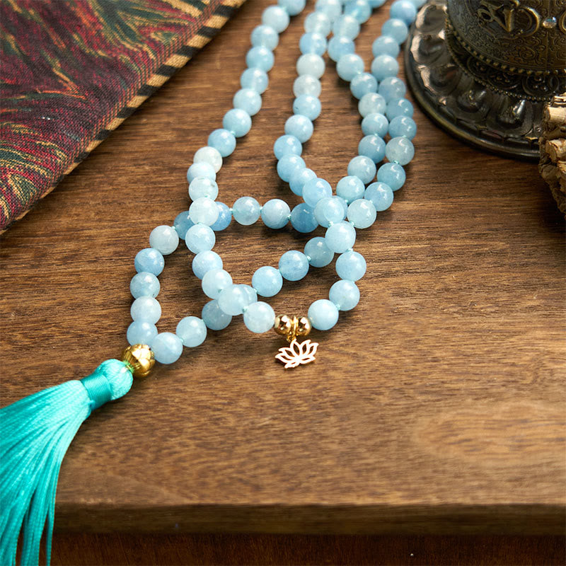 Buddha Stones 108 Mala Beads Pietra naturale Acquamarina Nappa Loto Bracciale curativo