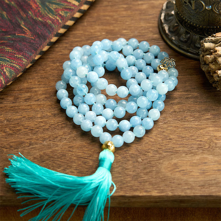 Buddha Stones 108 Mala Beads Pietra naturale Acquamarina Nappa Loto Bracciale curativo
