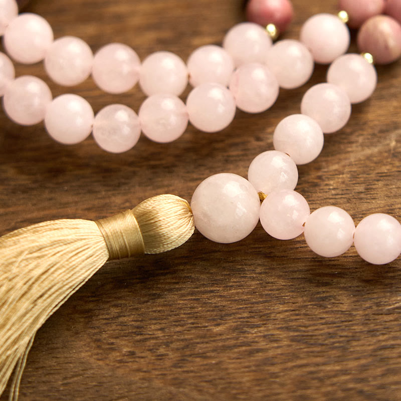Buddha Stones 108 Mala Beads Rhodonite Rosa Quarzo Nappa Braccialetto Curativo