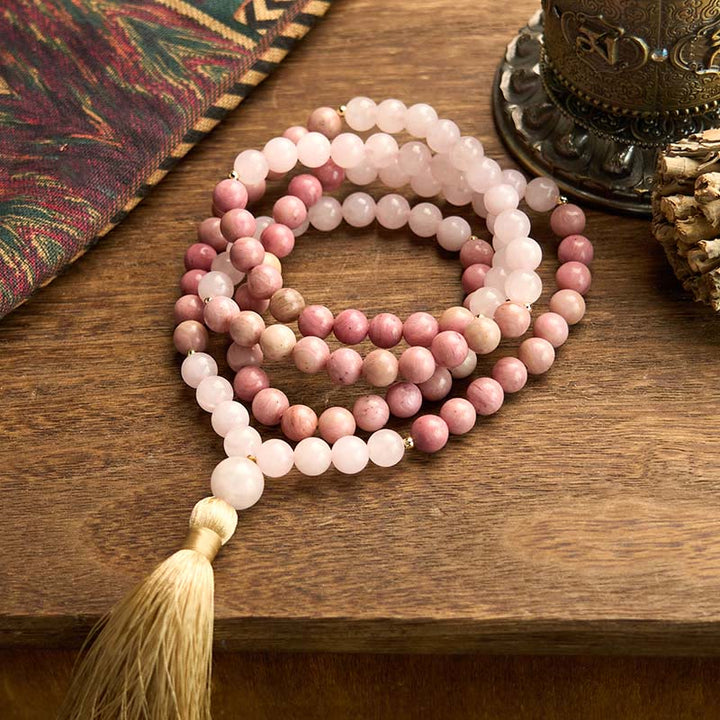 Buddha Stones 108 Mala Beads Rhodonite Rosa Quarzo Nappa Braccialetto Curativo