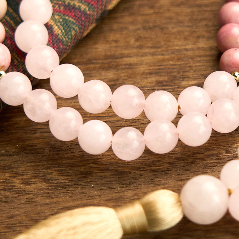 Buddha Stones 108 Mala Beads Rhodonite Rosa Quarzo Nappa Braccialetto Curativo